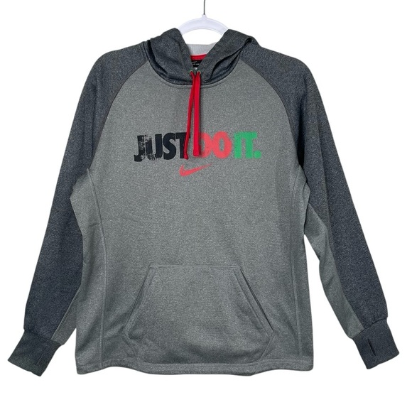 Nike Therma-Fit Grey JUST DO IT Graphic Pullover Hoodie Multicolor Swoosh Size M - Picture 1 of 12